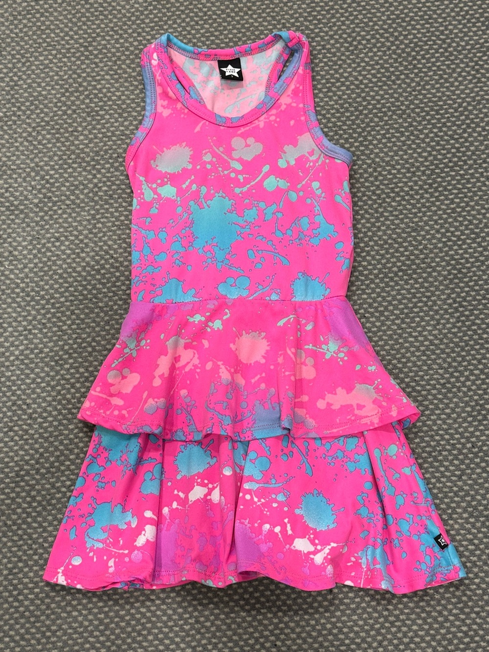 Pixielane Bright Pink Paint-Splash Tank Dress with Blue Accents